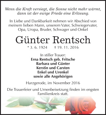 Traueranzeige von Günter Rentsch von Mitteldeutsche Zeitung Quedlinburg