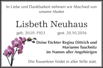 Traueranzeige von Lisbeth Neuhaus von WVG - Wochenspiegel NMB / WSF / ZTZ