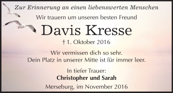 Traueranzeige von Davis Kresse von Mitteldeutsche Zeitung Merseburg/Querfurt
