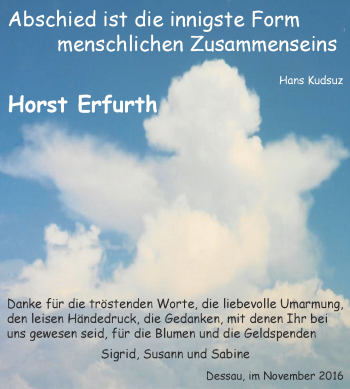 Traueranzeige von Horst Erfurth von WVG - Wochenspiegel Dessau / Köthen