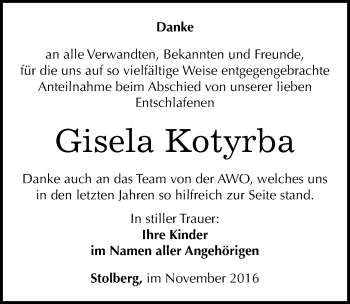 Traueranzeige von Gisela Kotyrba von Mitteldeutsche Zeitung Sangerhausen