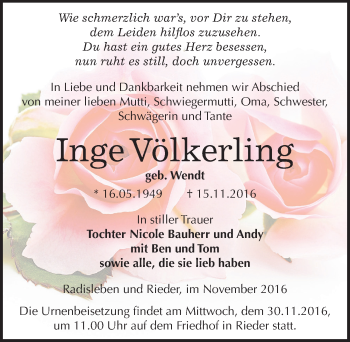Traueranzeige von Inge Völkerling von Mitteldeutsche Zeitung Quedlinburg