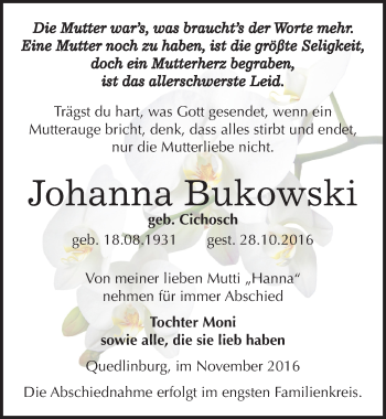 Traueranzeige von Johanna Bukowski von Mitteldeutsche Zeitung Quedlinburg
