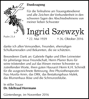 Traueranzeige von Ingrid Szewzyk von WVG - Wochenspiegel Quedlinburg
