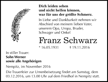 Traueranzeige von Franz Schwarz von Mitteldeutsche Zeitung Merseburg/Querfurt
