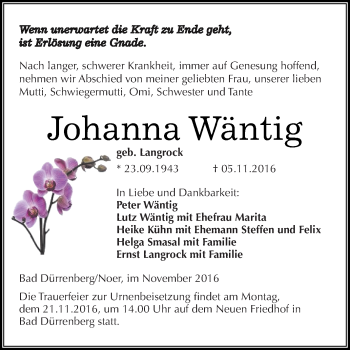 Traueranzeige von Johanna  Wäntig von Super Sonntag Merseburg