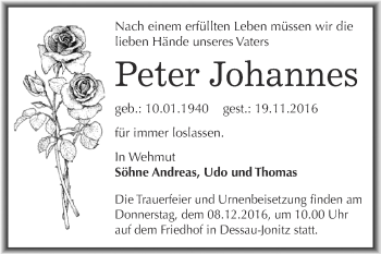 Traueranzeige von Peter Johannes von WVG - Wochenspiegel Dessau / Köthen