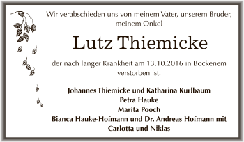 Traueranzeige von Lutz Thiemicke von WVG - Wochenspiegel Dessau / Köthen