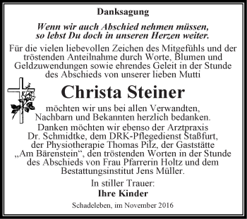 Traueranzeige von Christa Steiner von Super Sonntag Aschersleben