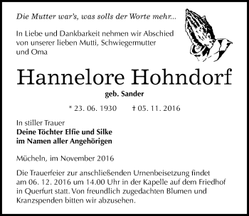 Traueranzeige von Hannelore Hohndorf von Mitteldeutsche Zeitung Merseburg/Querfurt