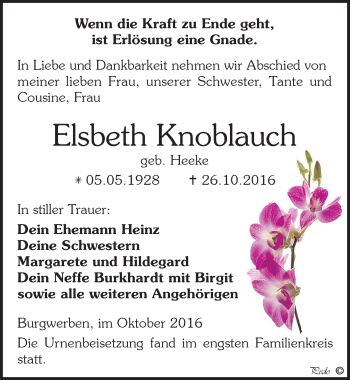 Traueranzeige von Elsbeth Knoblauch von Mitteldeutsche Zeitung Weißenfels