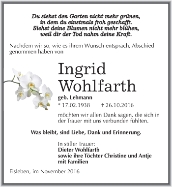 Traueranzeige von Ingrid Wohlfarth von Mitteldeutsche Zeitung Mansfelder Land