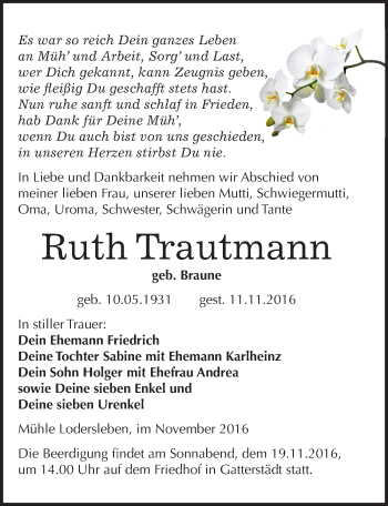 Traueranzeige von Ruth Trautmann von Mitteldeutsche Zeitung Merseburg/Querfurt