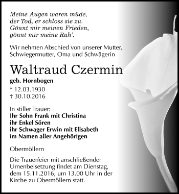 Traueranzeige von Waltraud Czermin von Mitteldeutsche Zeitung Naumburg/Nebra
