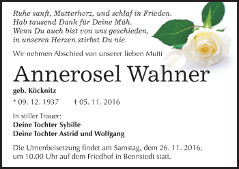 Traueranzeige von Annerosel Wahner von Mitteldeutsche Zeitung Halle/Saalkreis
