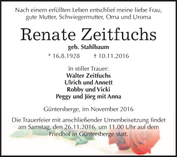 Traueranzeige von Renate Zeitfuchs von WVG - Wochenspiegel Quedlinburg
