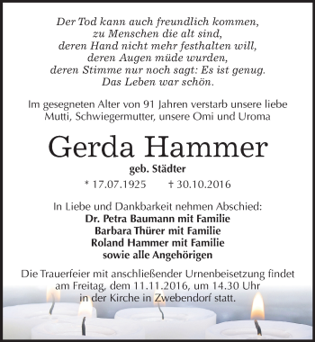 Traueranzeige von Gerda Hammer von Mitteldeutsche Zeitung Halle/Saalkreis