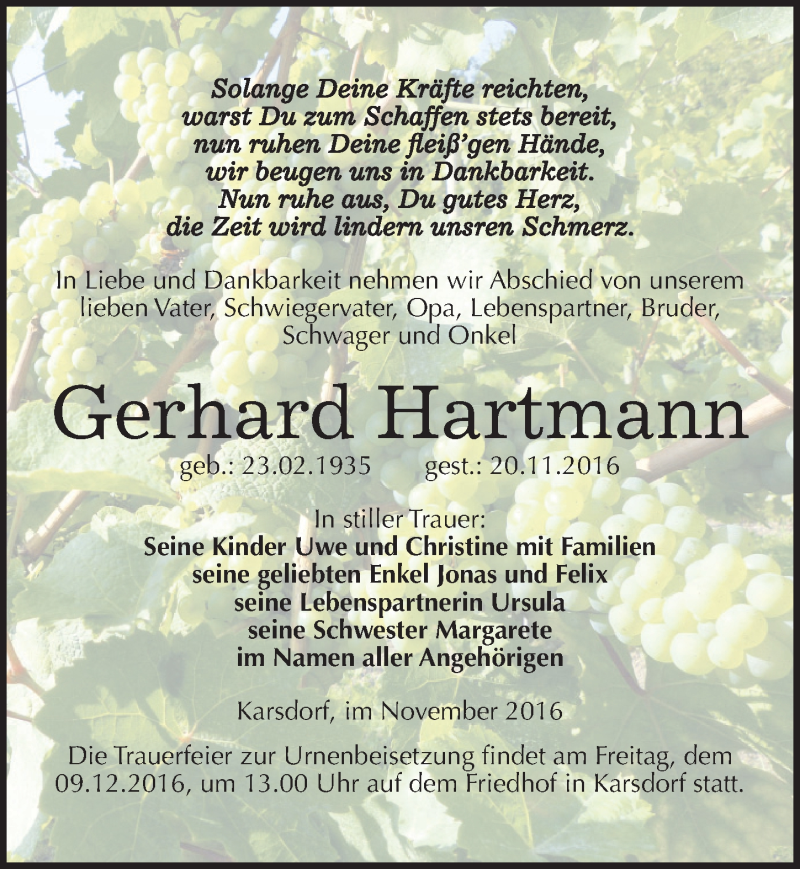  Traueranzeige für Gerhard Hartmann vom 26.11.2016 aus Mitteldeutsche Zeitung Naumburg/Nebra
