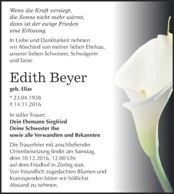 Traueranzeige von Edith Beyer von WVG - Wochenspiegel Bitterfeld