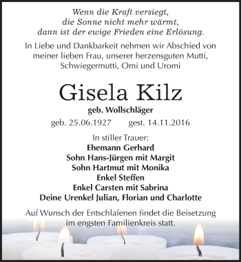 Traueranzeige von Gisela Kilz von Mitteldeutsche Zeitung Wittenberg