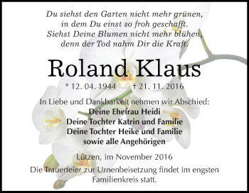 Traueranzeige von Roland Klaus von WVG - Wochenspiegel NMB / WSF / ZTZ