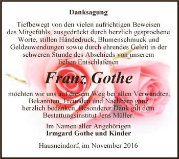 Traueranzeige von Franz Gothe von Super Sonntag Aschersleben