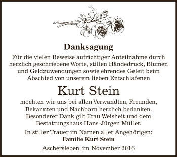 Traueranzeige von Kurt Stein von Super Sonntag Aschersleben
