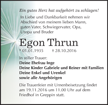 Traueranzeige von Egon Thrun von Mitteldeutsche Zeitung Bitterfeld