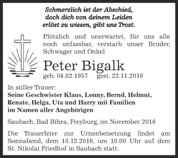 Traueranzeige von Peter Bigalk von WVG - Wochenspiegel NMB / WSF / ZTZ