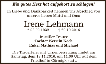 Traueranzeige von Irene Lehmann von Super Sonntag Bernburg