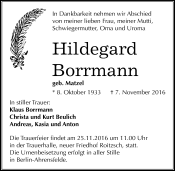 Traueranzeige von Hildegard Borrmann von Mitteldeutsche Zeitung Bitterfeld