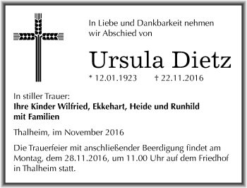 Traueranzeige von Ursula Dietz von Mitteldeutsche Zeitung Bitterfeld