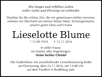 Traueranzeige von Lieselotte Blume von Mitteldeutsche Zeitung Halle/Saalkreis
