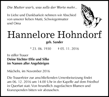 Traueranzeige von Hannelore Hohndorf von WVG - Wochenspiegel Merseburg