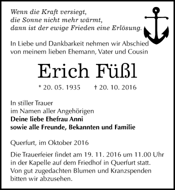 Traueranzeige von Erich Füßl von Mitteldeutsche Zeitung Merseburg/Querfurt