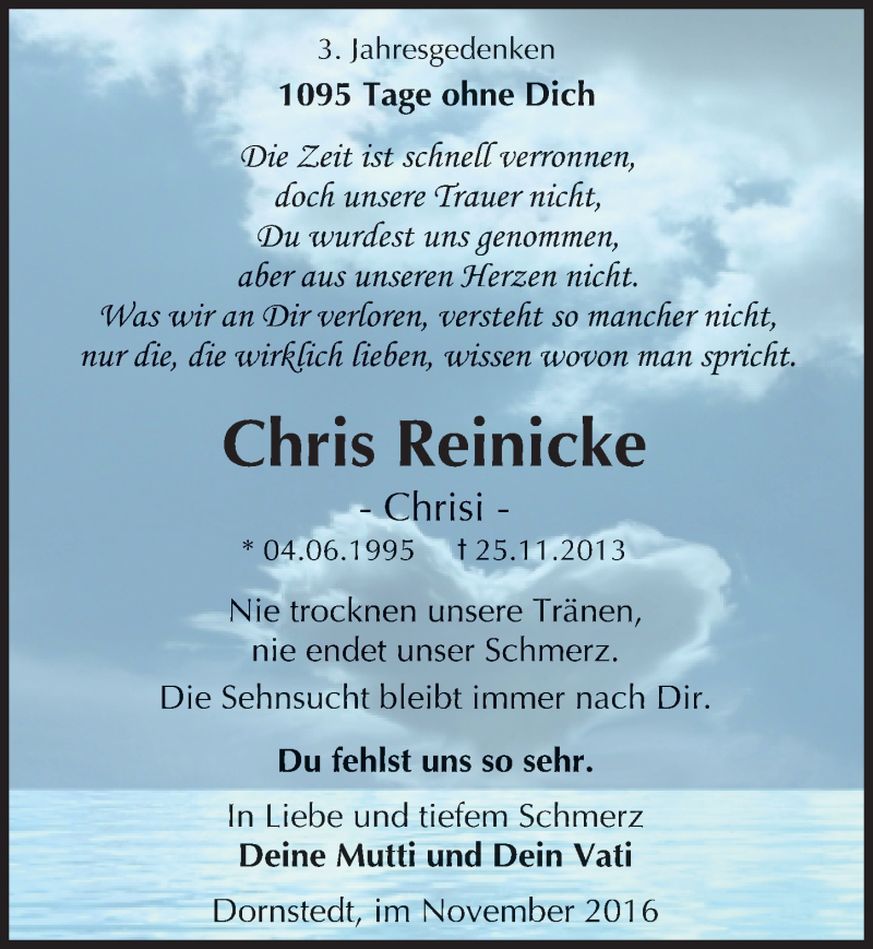  Traueranzeige für Chris Reinicke vom 26.11.2016 aus Mitteldeutsche Zeitung Halle/Saalkreis