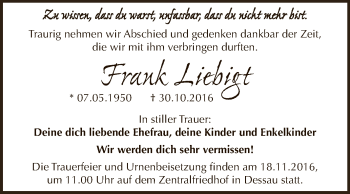 Traueranzeige von Frank Liebigt von WVG - Wochenspiegel Dessau / Köthen