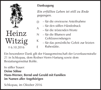 Traueranzeige von Heinz Witzig von WVG - Wochenspiegel Merseburg