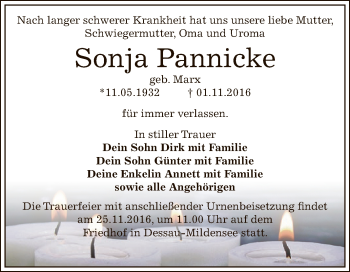 Traueranzeige von Sonja Pannicke von WVG - Wochenspiegel Dessau / Köthen