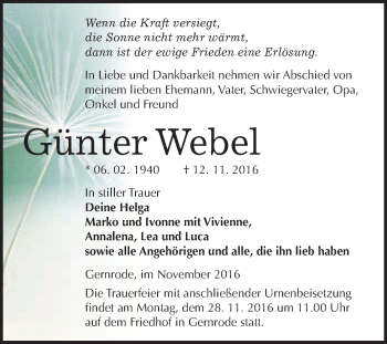 Traueranzeige von Günter Webel von WVG - Wochenspiegel Quedlinburg
