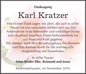 Traueranzeige von Karl Kratzer von Mitteldeutsche Zeitung Mansfelder Land