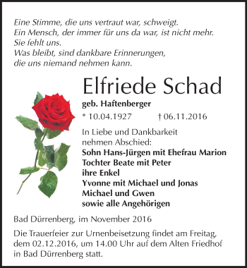 Traueranzeige von Elfriede Schad von Mitteldeutsche Zeitung Merseburg/Querfurt