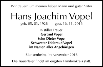 Traueranzeige von Hans Joachim Vopel von Mitteldeutsche Zeitung Sangerhausen