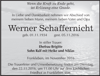 Traueranzeige von Werner Schaffernicht von Mitteldeutsche Zeitung Merseburg/Querfurt