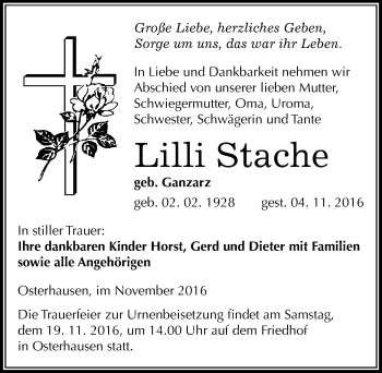 Traueranzeige von Lilli Stache von Mitteldeutsche Zeitung Mansfelder Land
