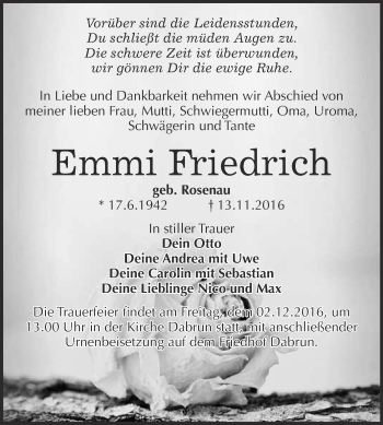 Traueranzeige von Emmi Friedrich von WVG - Wochenspiegel Wittenberg