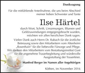 Traueranzeige von Ilse Härtel von Mitteldeutsche Zeitung Köthen