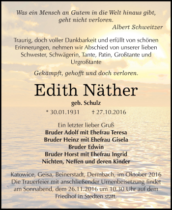 Traueranzeige von Edith Näther von Wochenspiegel Mansfelder Land