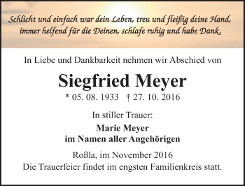 Traueranzeige von Siegfried Meyer von Mitteldeutsche Zeitung Sangerhausen