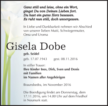 Traueranzeige von Gisela Dobe von Mitteldeutsche Zeitung Merseburg/Querfurt